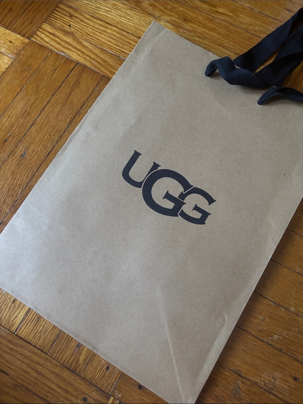 UGG Brown Kraft Paper Bag with Black Logo and Ribbon Handles